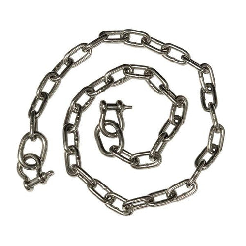 Coiled stainless steel anchor chain with shackles, marine anchoring hardware