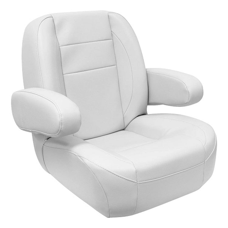 White marine-grade upholstered helm seat with armrests, boat seats category