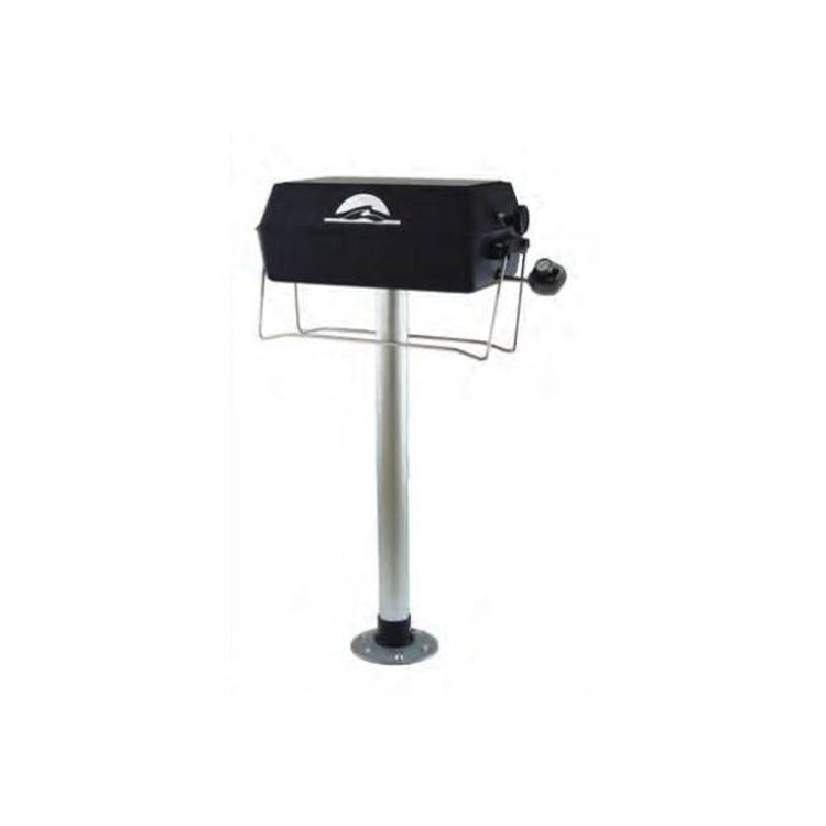 Pedestal-mounted marine BBQ grill on aluminum post, boat grills and cookware
