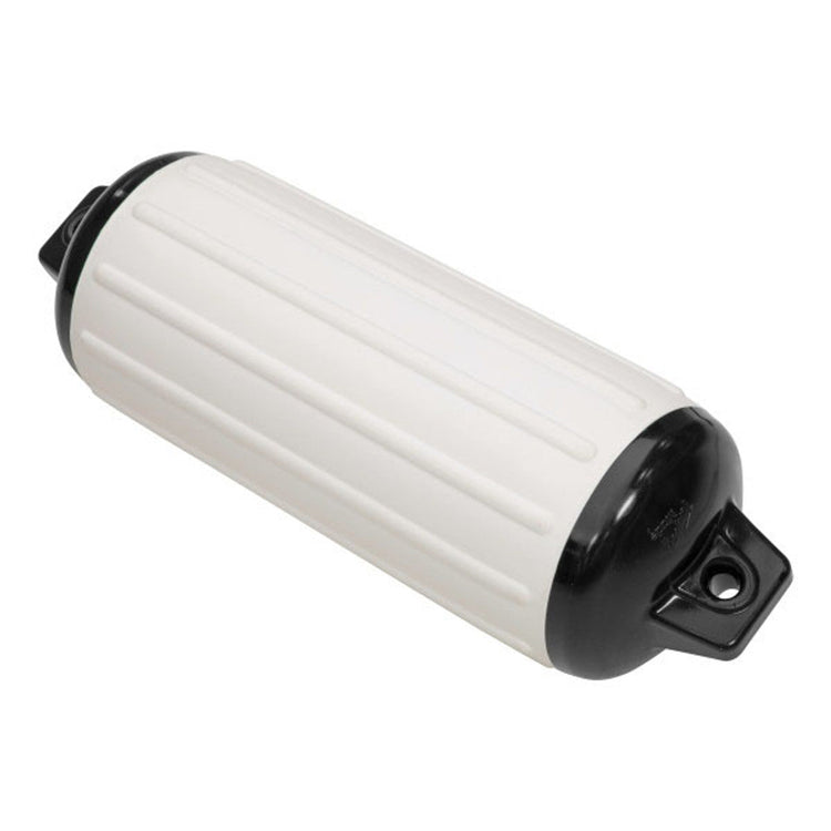 White inflatable boat fender with black end caps, marine docking fender