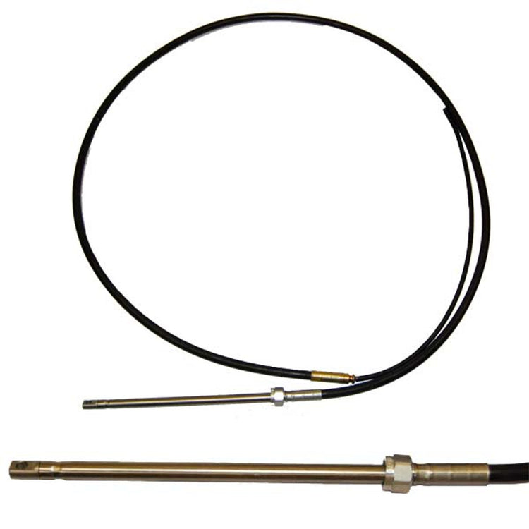 Black marine steering cable with threaded brass end fitting, control and steering cables category