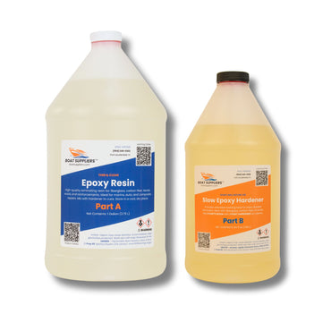 Boat Suppliers epoxy kit with 1 gallon Part A thin clear resin and 64 fl oz Part B slow epoxy hardener bottles.
