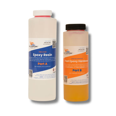 Boat Suppliers epoxy kit with fast hardener, 16 fl oz thin clear resin Part A beside 4 fl oz Fast Epoxy Hardener Part B bottle.