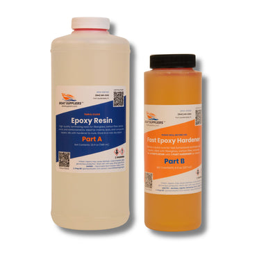 Boat Suppliers epoxy kit with fast hardener, 32 fl oz thin clear resin Part A jug and 8 fl oz orange Fast Epoxy Hardener Part B.