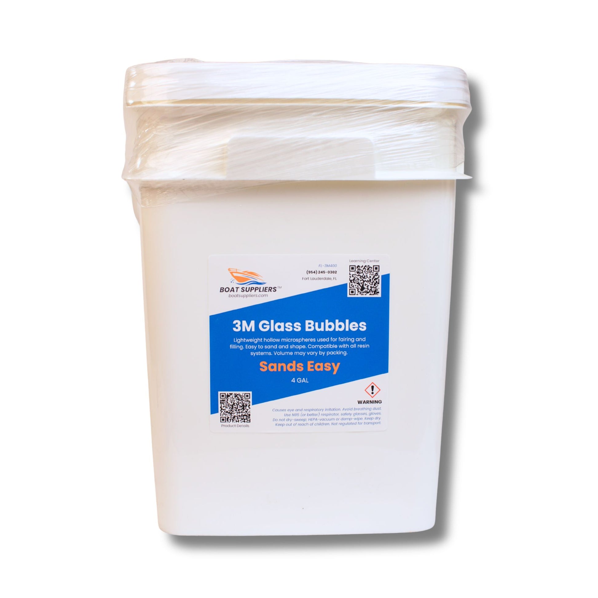 3M Glass Bubbles 4 gallon bulk pail of hollow glass microspheres, shrink-wrapped lightweight fairing filler in a labeled square bucket.