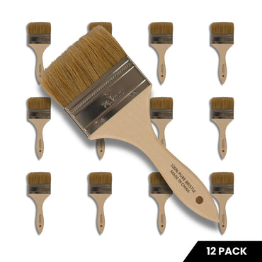 3 inch natural bristle chip brush with wood handle over rows of matching brushes, a 12 pack for spreading resin and stippling fiberglass mat