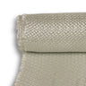Roll of 40oz fiberglass E cloth folded back on itself, heavy white plain weave glass fabric with a frayed selvage edge.