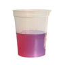 Pink polyester layup resin catalyzed with MEKP, mixed in a clear plastic cup showing the working liquid color before lamination.
