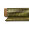 5.5oz carbon Kevlar hybrid fabric draped off a core, yellow Kevlar and black carbon fiber 2x2 twill weave with frayed edge.