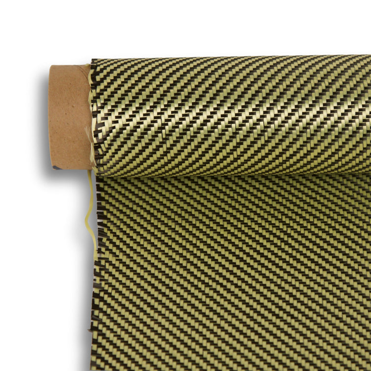 5.5oz carbon Kevlar hybrid fabric roll in 2x2 twill weave, yellow Kevlar and black carbon fiber tows on a cardboard core.