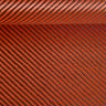 Flat close-up of 5.5oz carbon Kevlar hybrid fabric, 2x2 twill weave of red Kevlar and black carbon fiber tows.