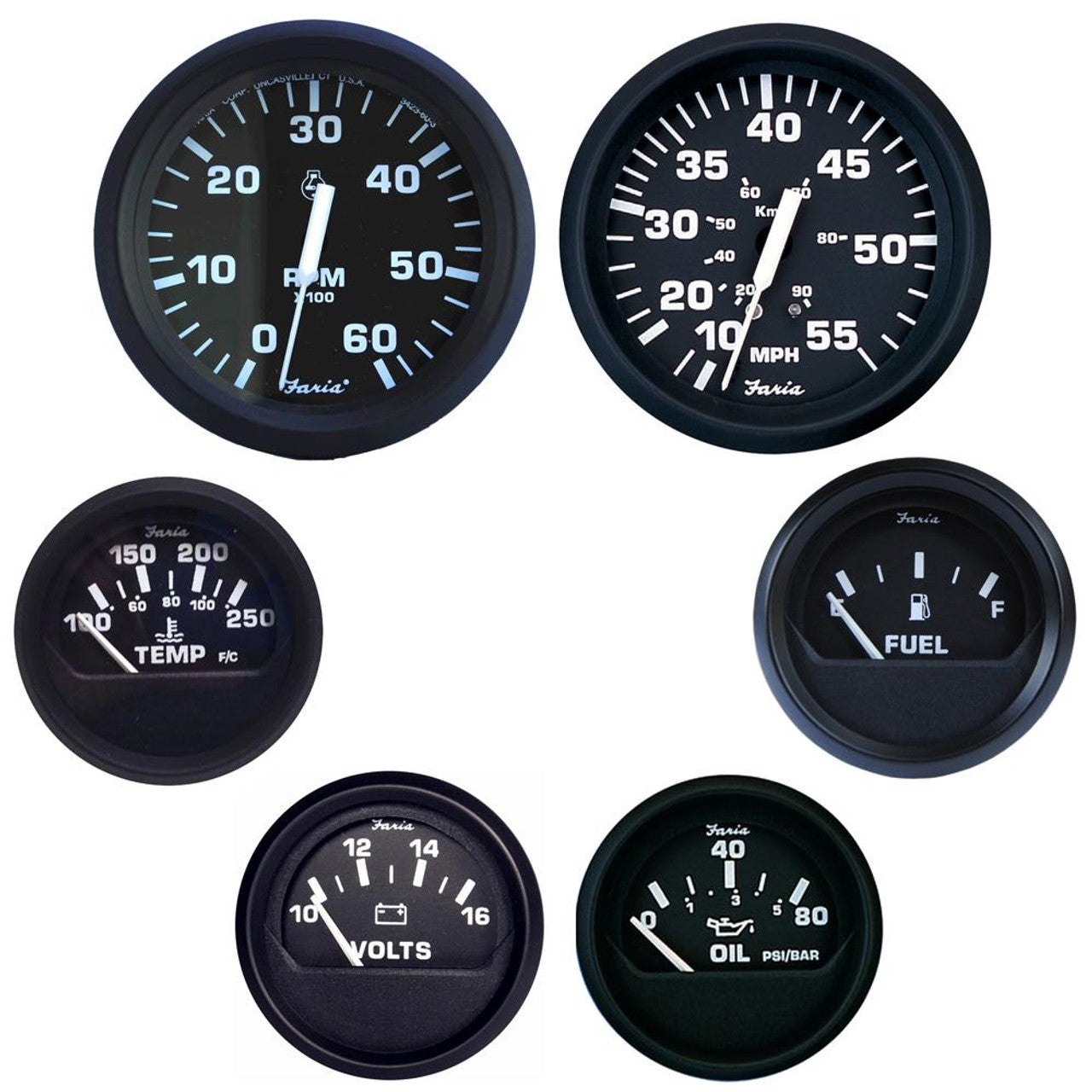 Faria Euro Inboard Motors 6 Gauge Boxed Set - Black