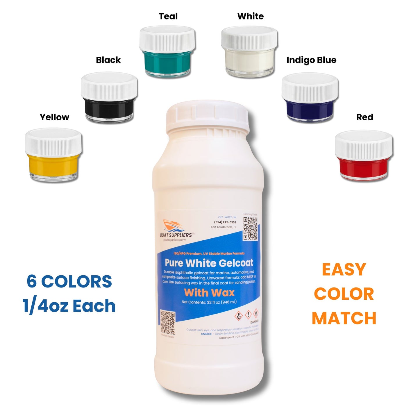 Gelcoat Repair Kit - Pure White Gelcoat Quart With Wax, Hardener & 6 Pigment Colors