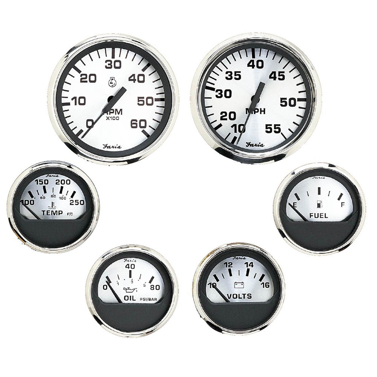Faria KTF0184 Spun Silver 6 Gauges Set - Speed/Tach/Volt/Fuel/Water/Temp/Oil