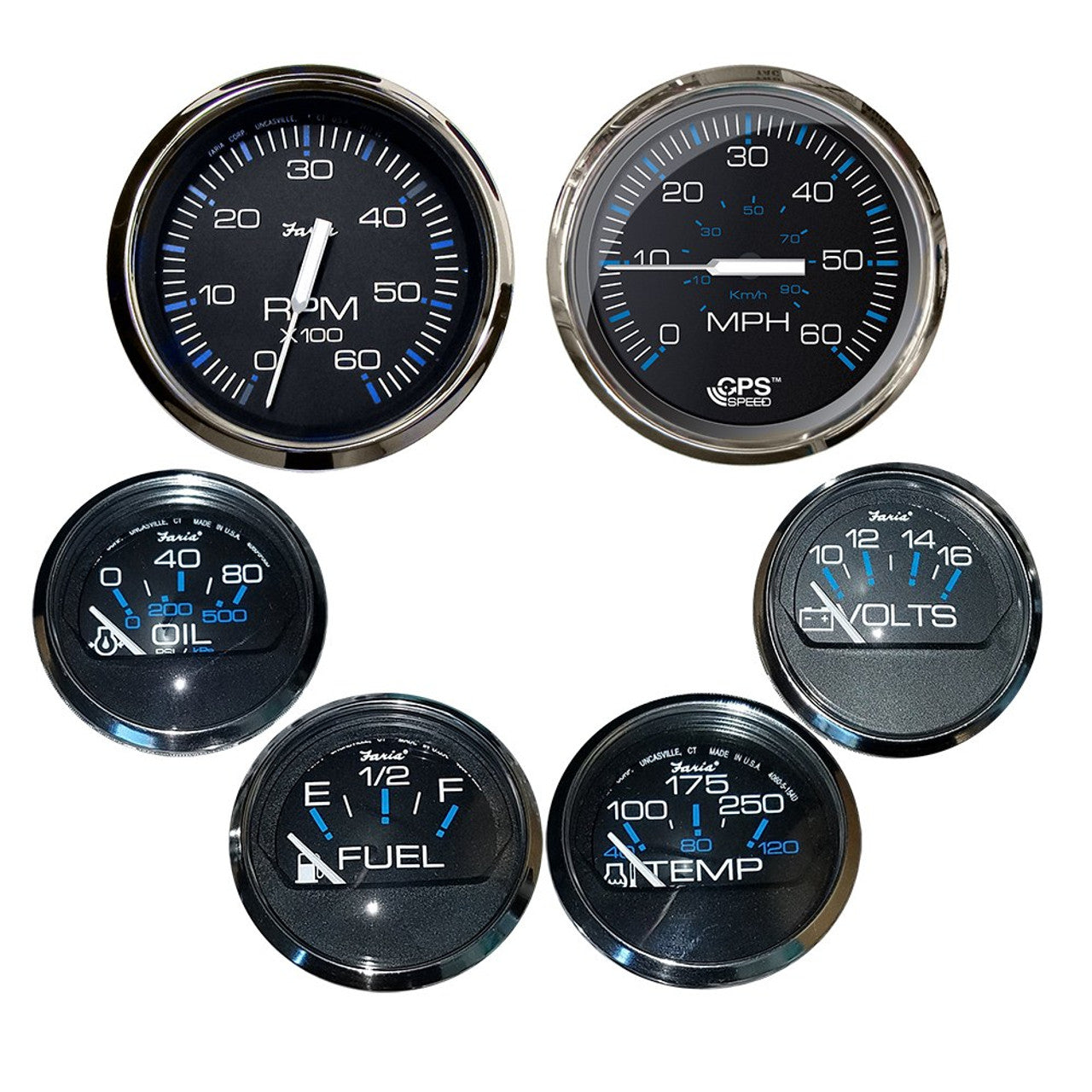 Faria KTF064 Chesapeake Black 6 Gauge Set - Speed/Tach/Fuel/Volt/Water/Oil - Stainless Steel Bezel