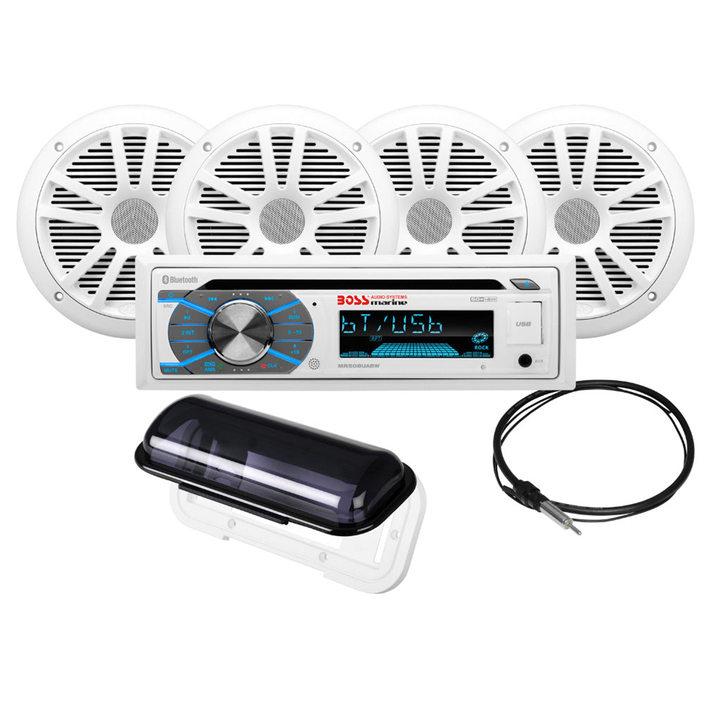 Boss Audio MCK508WB.64S Marine Stereo &amp; 2 Pairs of 6.5" Speaker Kit - White