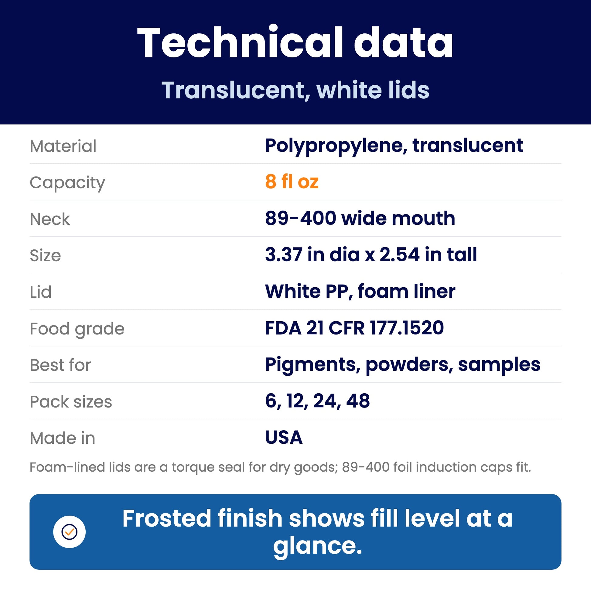 Technical data spec sheet for 8 oz translucent polypropylene jars