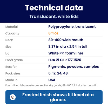 Technical data spec sheet for 8 oz translucent polypropylene jars