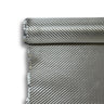 Roll of 8.5oz 2x2 twill fiberglass E cloth partly unrolled, white-to-silver glass weave showing the diagonal twill pattern.