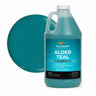 Alder Teal liquid pigment 1 gallon jug beside a glossy teal color swatch