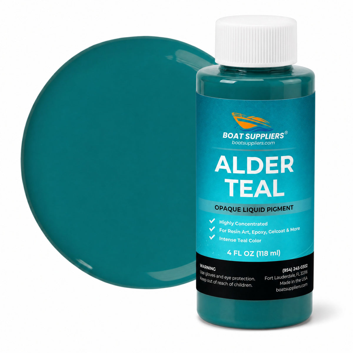 Alder Teal liquid pigment 4 oz bottle beside a glossy teal color swatch
