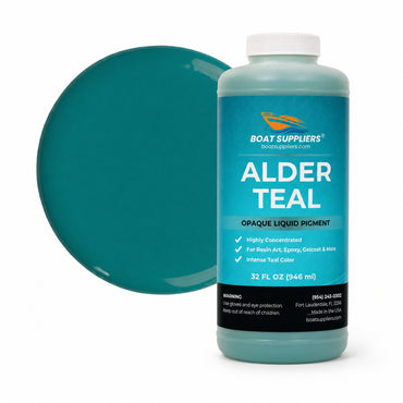 Alder Teal liquid pigment quart bottle beside a glossy teal color swatch