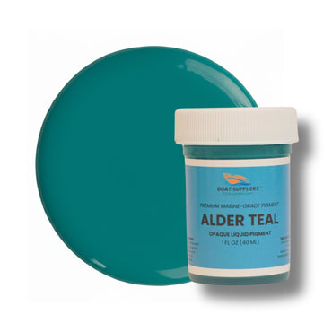 Alder Teal liquid pigment 1 oz jar beside a teal cured color swatch, opaque marine-grade colorant for epoxy resin and gelcoat.