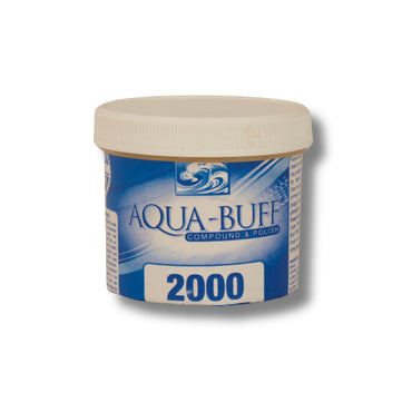 Tub of Aqua-Buff 2000 buffing and polishing compound with blue label and white screw lid for gelcoat and fiberglass.