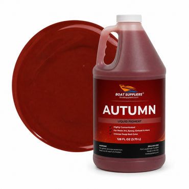 Autumn liquid pigment 1 gallon jug beside a glossy rust red color swatch