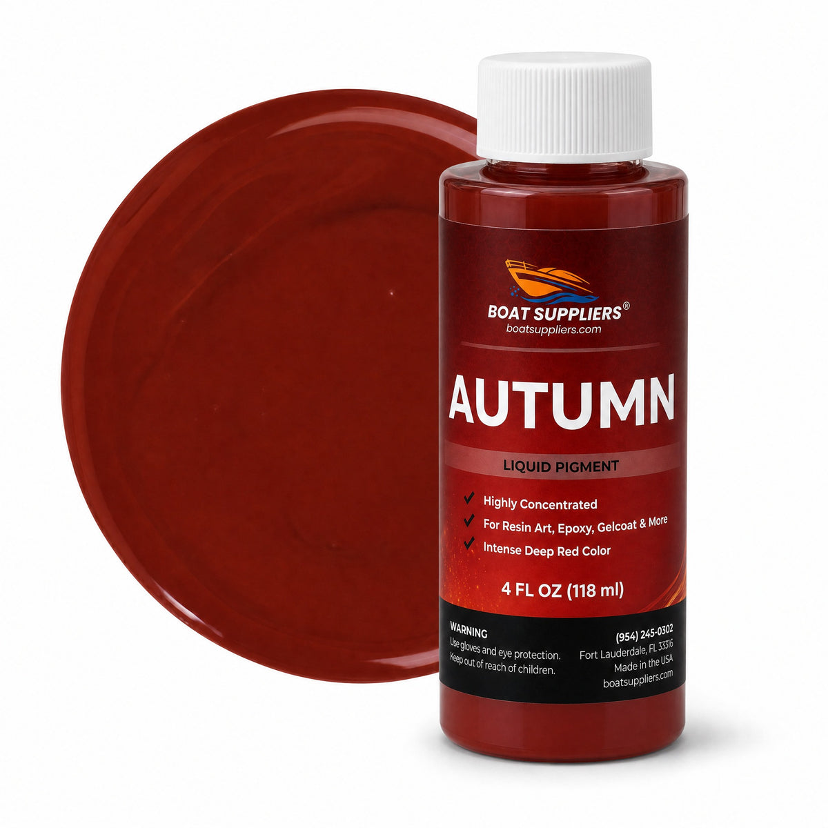 Autumn liquid pigment 4 oz bottle beside a glossy rust red color swatch