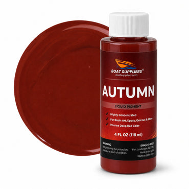 Autumn liquid pigment 4 oz bottle beside a glossy rust red color swatch