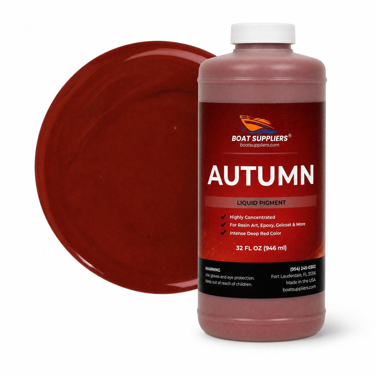 Autumn liquid pigment quart bottle beside a glossy rust red color swatch