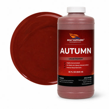 Autumn liquid pigment quart bottle beside a glossy rust red color swatch
