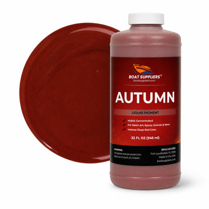 Autumn liquid pigment quart bottle beside a glossy rust red color swatch