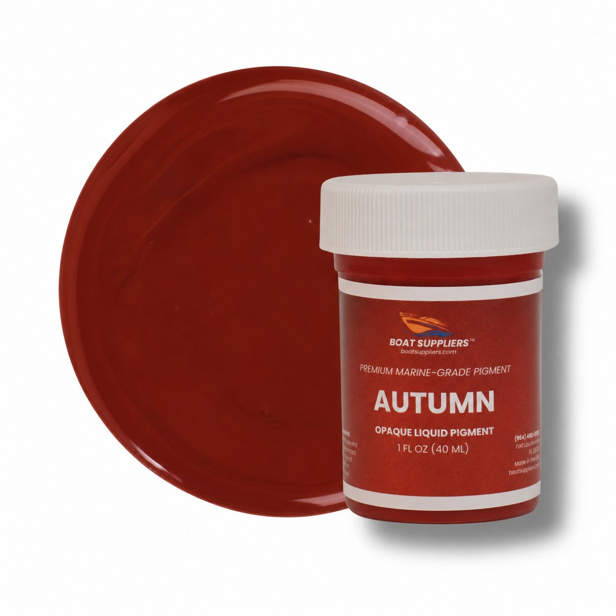 Autumn liquid pigment 1 oz jar beside a rust red cured color swatch