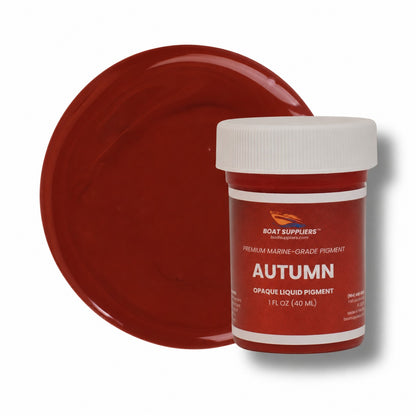 Autumn liquid pigment 1 oz jar beside a rust red cured color swatch