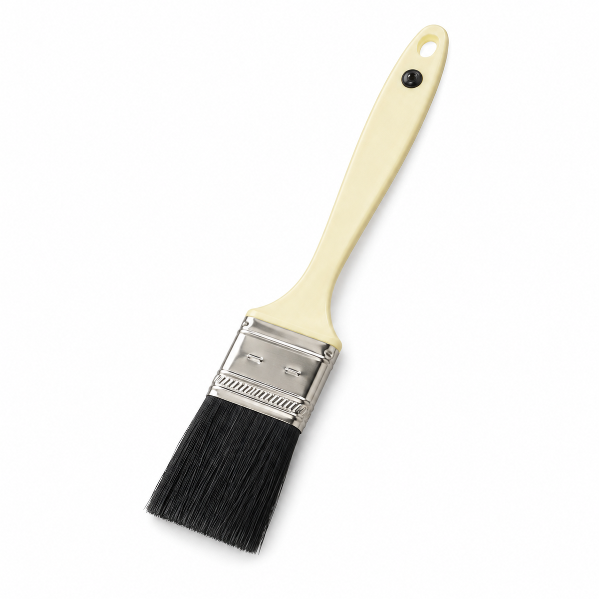 1" polyester bristle brush, black filament in a stainless ferrule on a cream solvent-resistant plastic handle