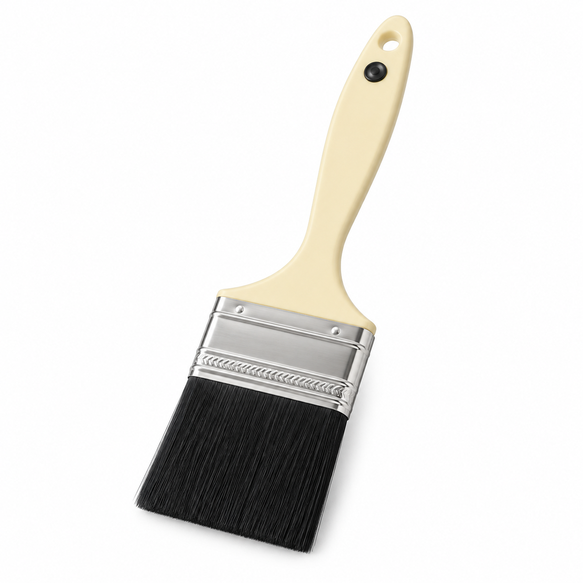 2" polyester bristle brush, black filament in a stainless ferrule on a cream solvent-resistant plastic handle
