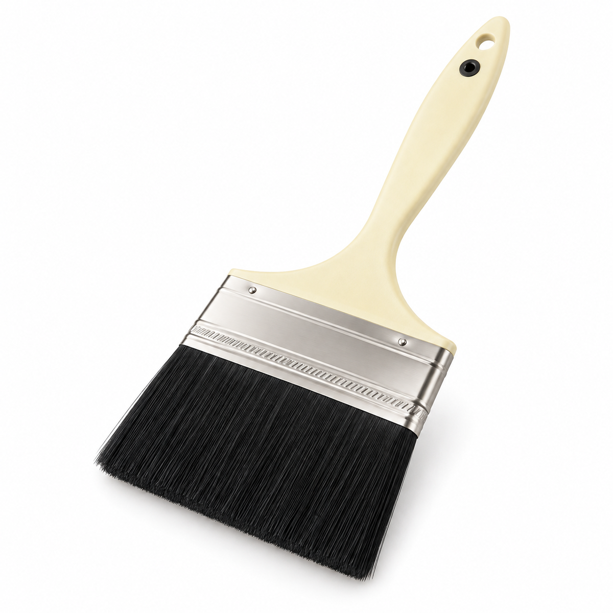 3" polyester bristle brush, black filament in a stainless ferrule on a cream solvent-resistant plastic handle