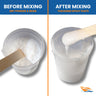 Before and after: dry fumed silica on mixed epoxy, then stirred into a thick non-sag paste