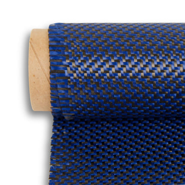 5.5oz carbon Kevlar hybrid fabric roll in 2x2 twill weave, blue Kevlar and black carbon fiber tows on a cardboard core.