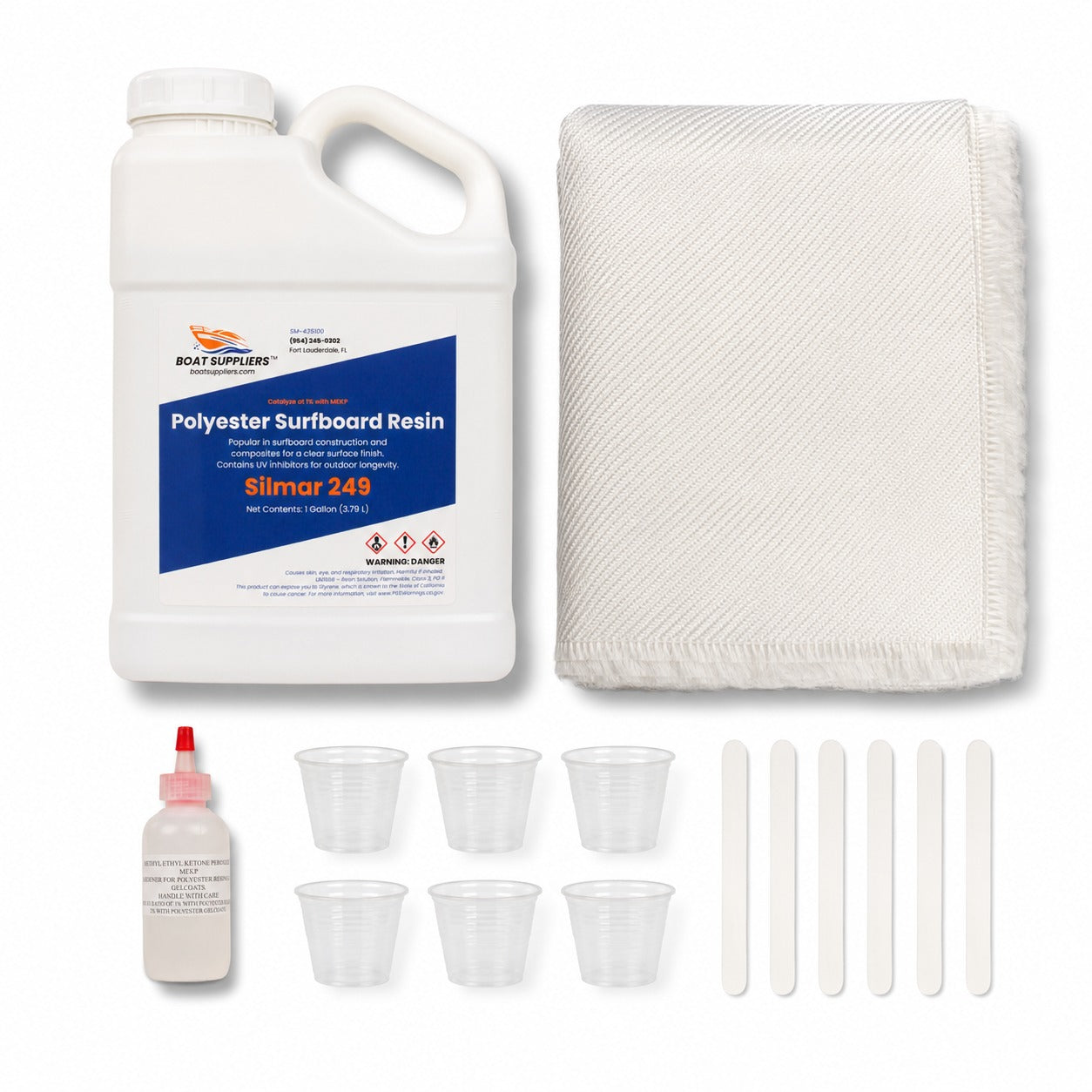 1708 biaxial fiberglass and resin kit: gallon of Boat Suppliers polyester resin with MEKP hardener, 5 yard folded pack of 1708 biaxial fabric, mixing cups and mixing sticks