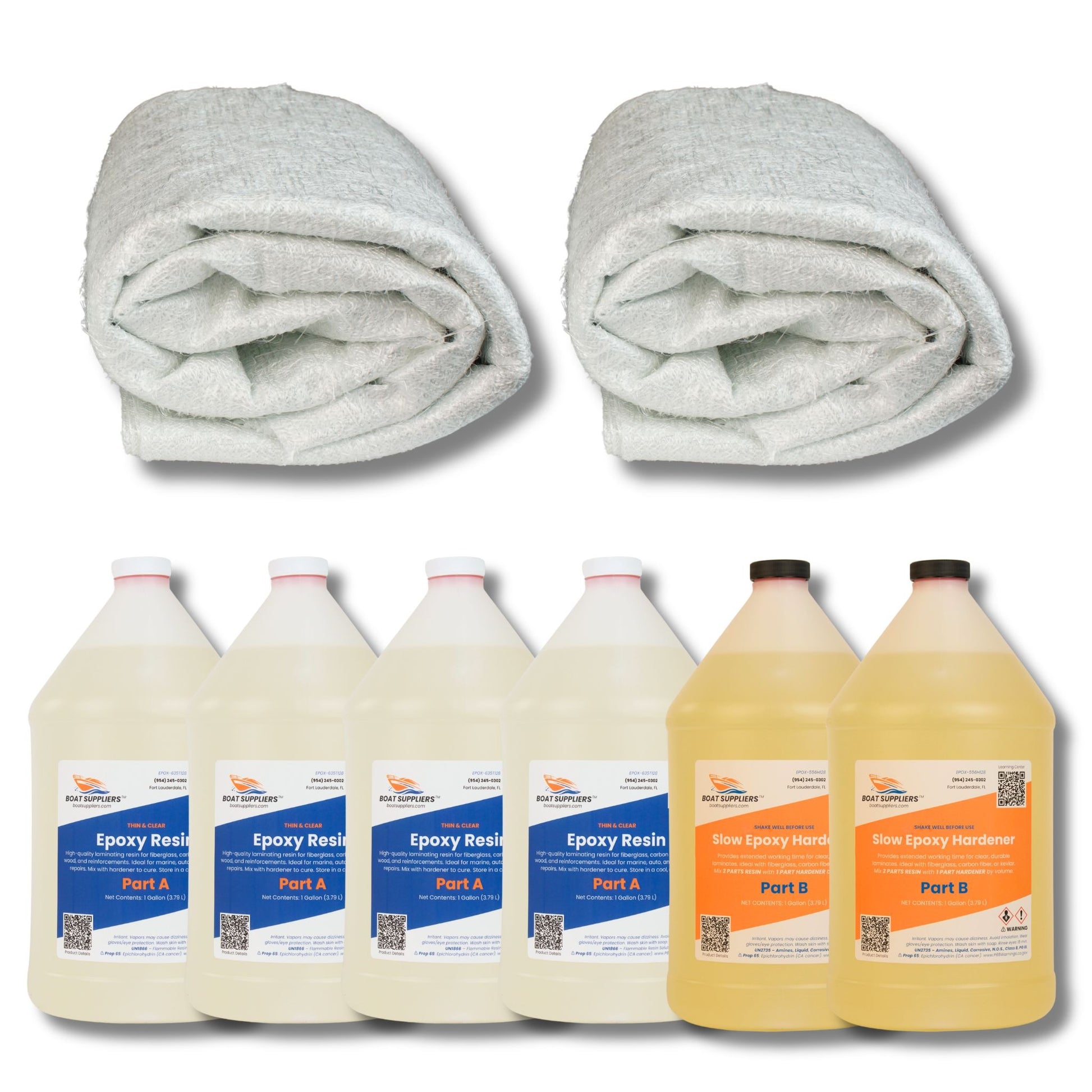 1708 fiberglass and epoxy kit: two 5 yard folded packs of 1708 biaxial fiberglass, four gallons of Boat Suppliers thin clear epoxy resin Part A, and two gallons of slow epoxy hardener Part B