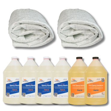 1708 fiberglass and epoxy kit: two 5 yard folded packs of 1708 biaxial fiberglass, four gallons of Boat Suppliers thin clear epoxy resin Part A, and two gallons of slow epoxy hardener Part B