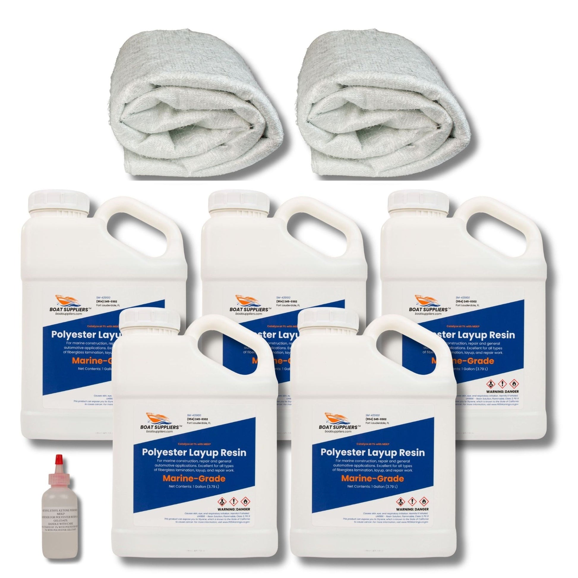 1708 fiberglass and resin kit: two 5 yard folded packs of 1708 biaxial fiberglass, five gallons of Boat Suppliers marine-grade polyester layup resin, and MEKP hardener