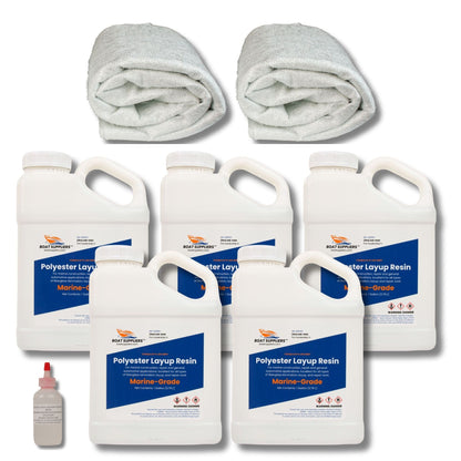 1708 fiberglass and resin kit: two 5 yard folded packs of 1708 biaxial fiberglass, five gallons of Boat Suppliers marine-grade polyester layup resin, and MEKP hardener
