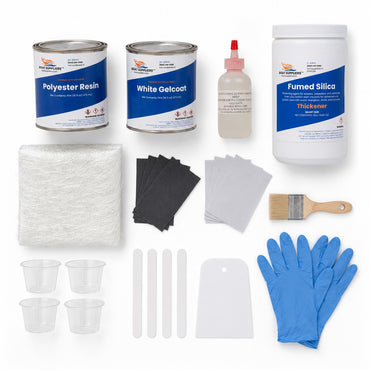 Bathtub and shower fiberglass repair kit contents: pint cans of Boat Suppliers polyester resin and white gelcoat with MEKP hardener, chopped strand mat, fumed silica, full sandpaper grit range, brush, mixing cups, sticks, spreader and gloves