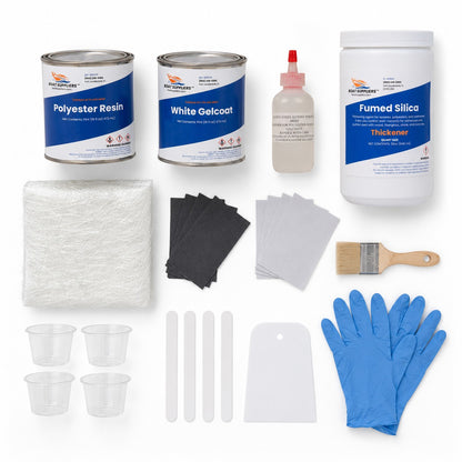 Bathtub and shower fiberglass repair kit contents: pint cans of Boat Suppliers polyester resin and white gelcoat with MEKP hardener, chopped strand mat, fumed silica, full sandpaper grit range, brush, mixing cups, sticks, spreader and gloves