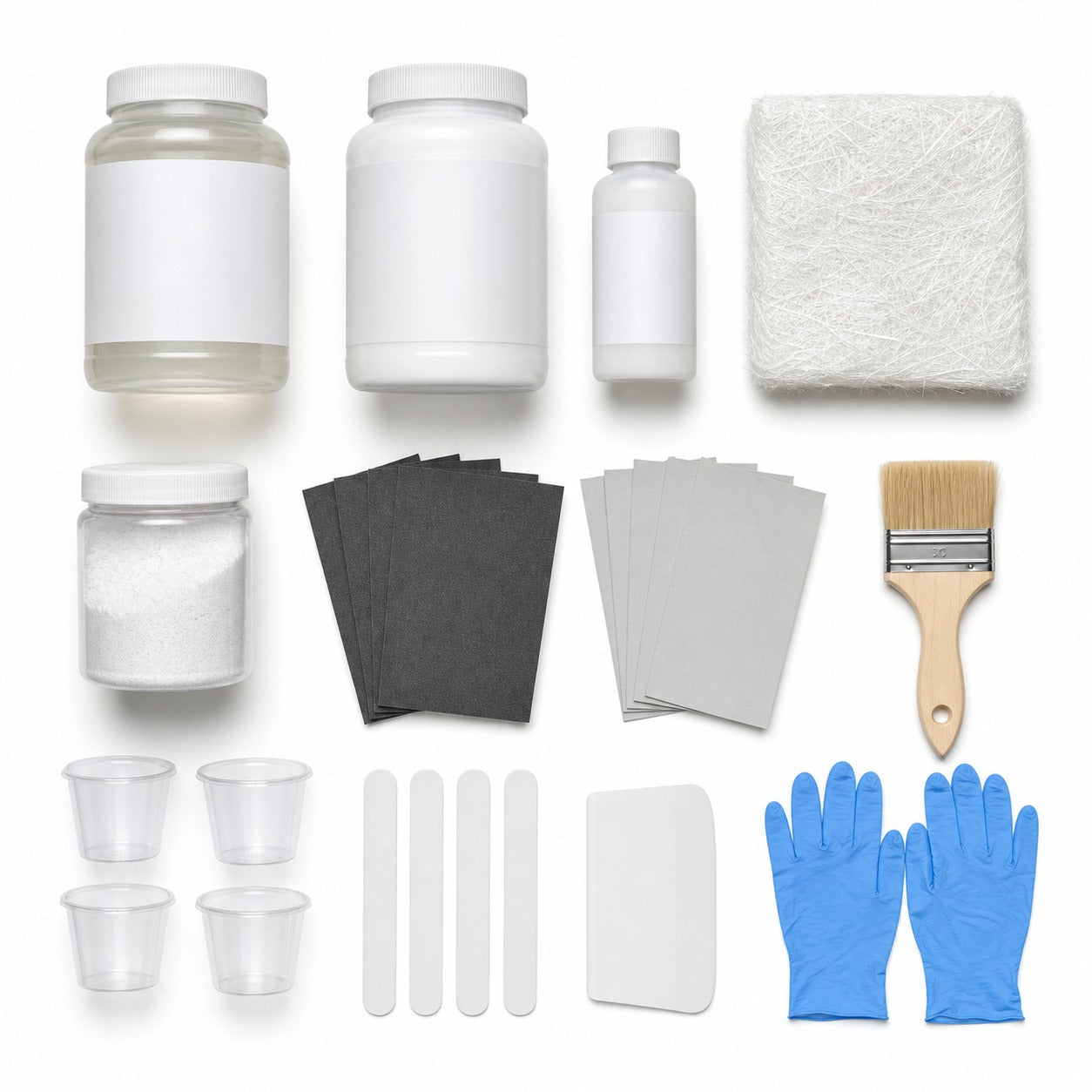 Bathtub and shower fiberglass repair kit contents: quart of polyester resin with hardener, quart of white gelcoat, chopped strand mat, fumed silica, full sandpaper grit range, brush, mixing cups, sticks, spreader and gloves