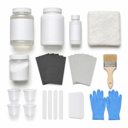 Bathtub and shower fiberglass repair kit contents: quart of polyester resin with hardener, quart of white gelcoat, chopped strand mat, fumed silica, full sandpaper grit range, brush, mixing cups, sticks, spreader and gloves